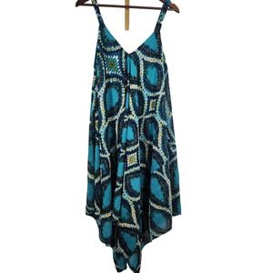 NWT Mlle Gabrielle Swing Tank Dress Blue Tie Dye Asymmetrical Hem w/Necklace 1X